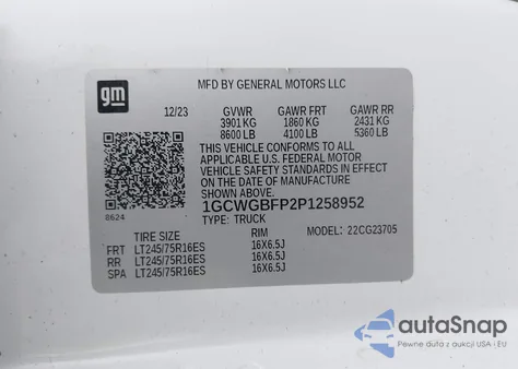 2023 Chevrolet Express Cargo Rwd 2500 Extended Wheelbase Wt z USA, uszkodzony, nr VIN 1GCWGBFP2P1258952